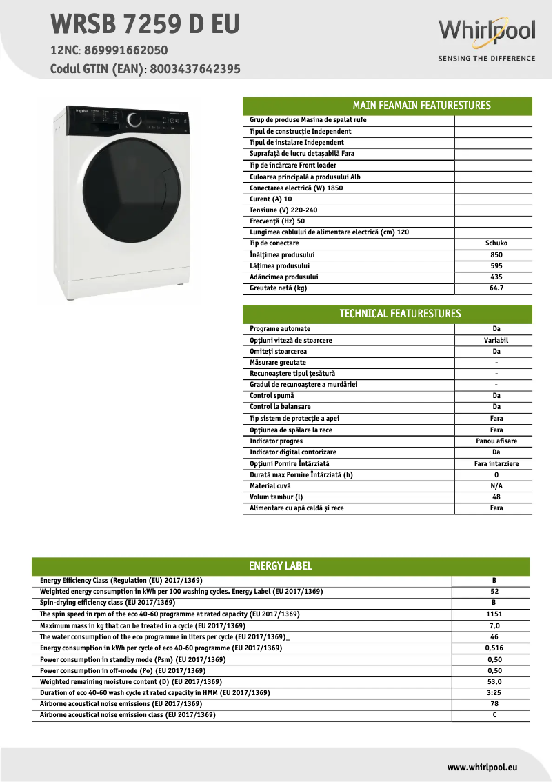 Page 1 de la notice Fiche technique Whirlpool WRSB 7259 D