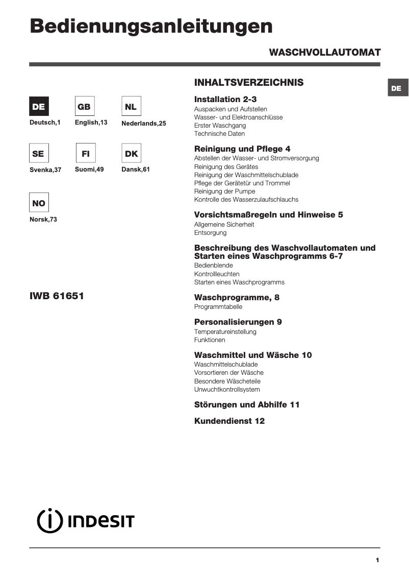 Page n°1 - Manuel utilisateur Indesit IWB 61651