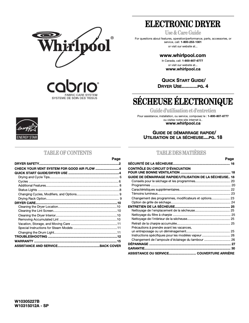 Page 1 de la notice Manuel utilisateur Whirlpool WED7800XW