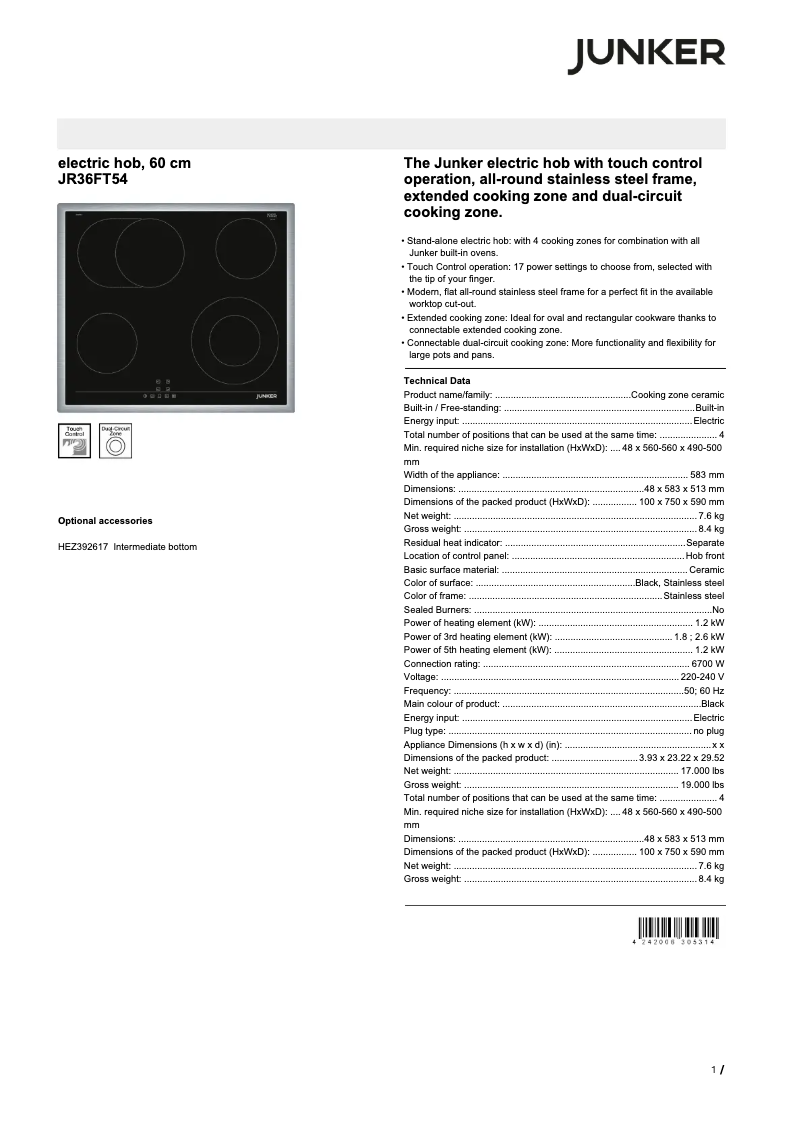 Page 1 de la notice Fiche technique Junker JR36FT54