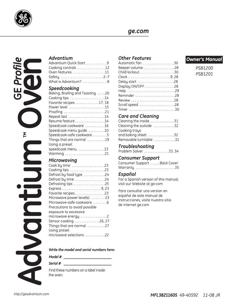 Page n°1 - Manuel d'utilisation et d'entretien GE PSB1200NBB