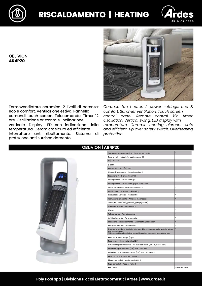 Page 1 de la notice Fiche technique Ardes AR4P20