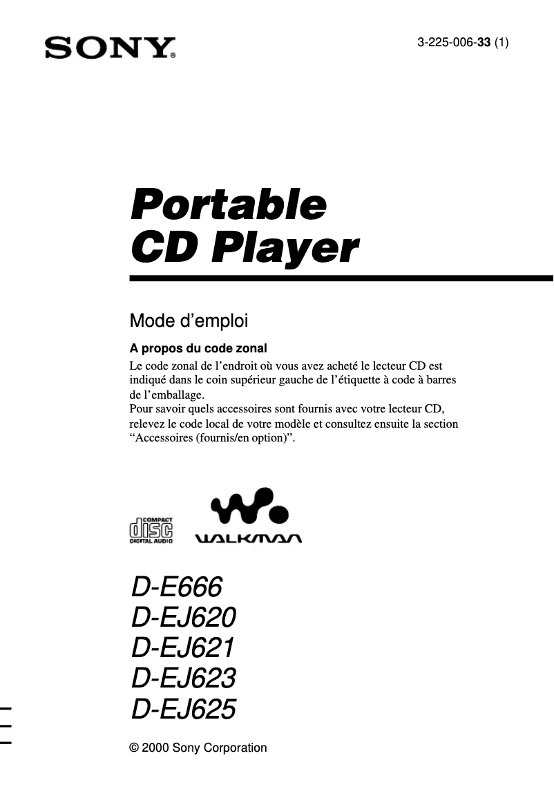 Page 1 de la notice Manuel utilisateur Sony D-E666