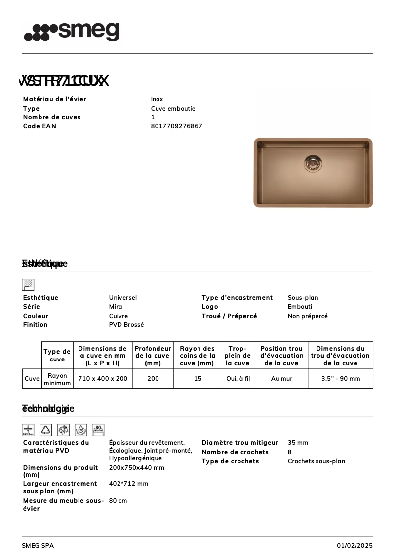 Page 1 of the manual Technical Sheet Smeg VSTR71CUX
