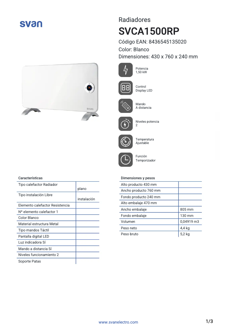 Page 1 de la notice Fiche technique SVAN SVCA1500RP