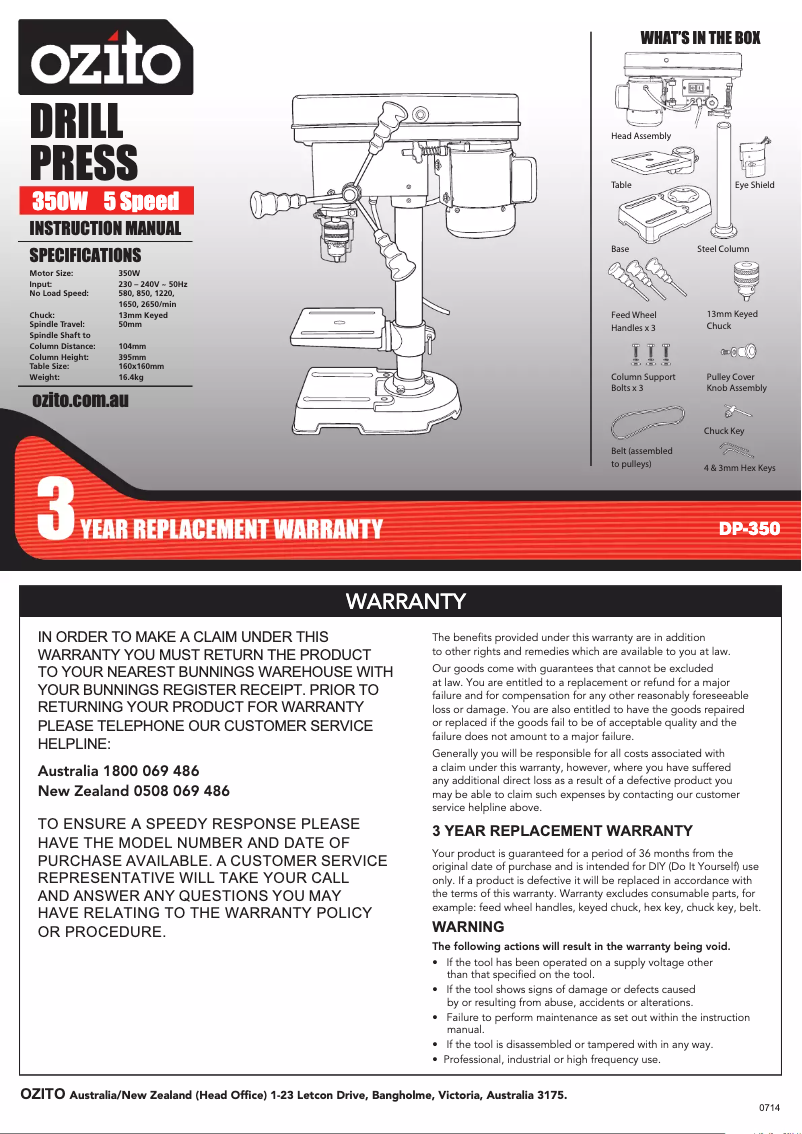 Page 1 de la notice Manuel utilisateur Ozito DP-350