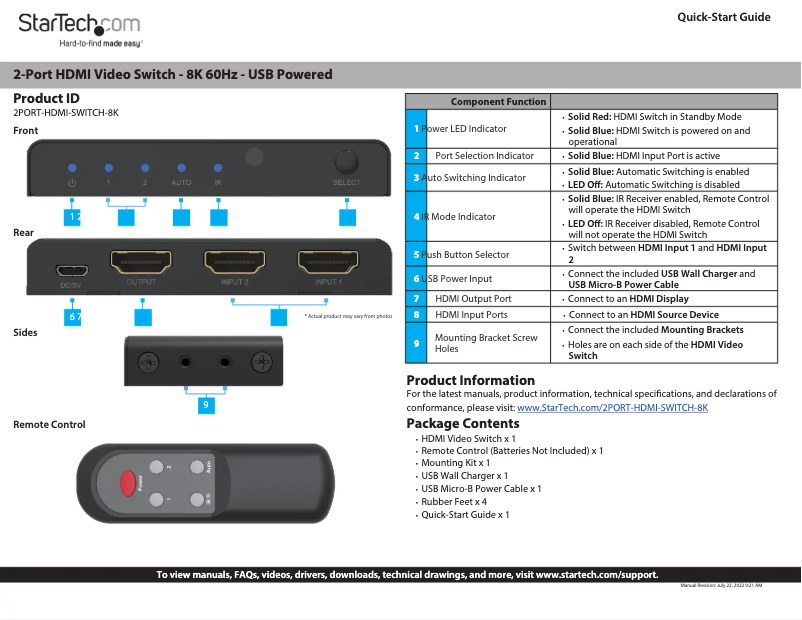 Page 1 de la notice Manuel utilisateur StarTech.com 2PORT-HDMI-SWITCH-8K