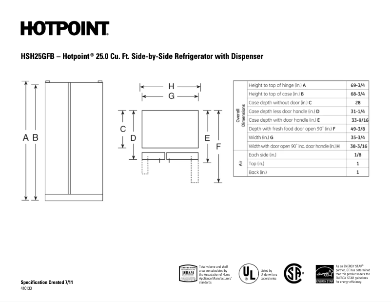Page 1 de la notice Fiche technique Hotpoint HSH25GFBWW
