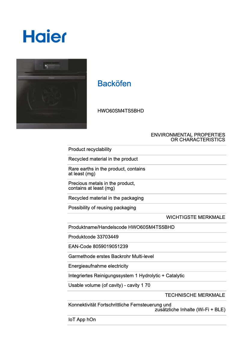 Page n°1 - Label énergétique Haier HWO60SM4TS5BHD