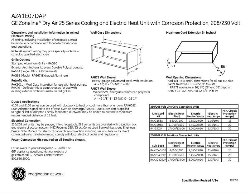 Page n°1 - Fiche technique GE AZ41E07DAP Zoneline