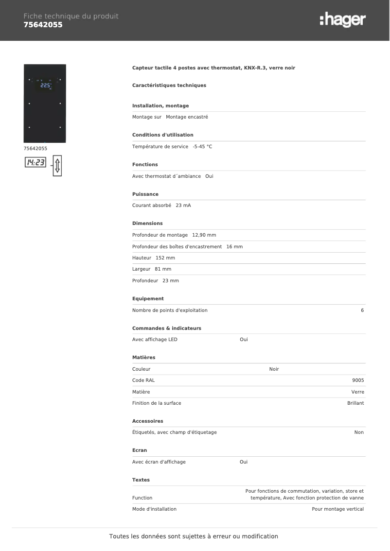 Page 1 de la notice Fiche technique Hager 75642055