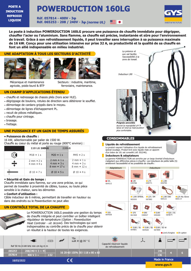 Page 1 de la notice Fiche technique GYS Powerduction 160LG