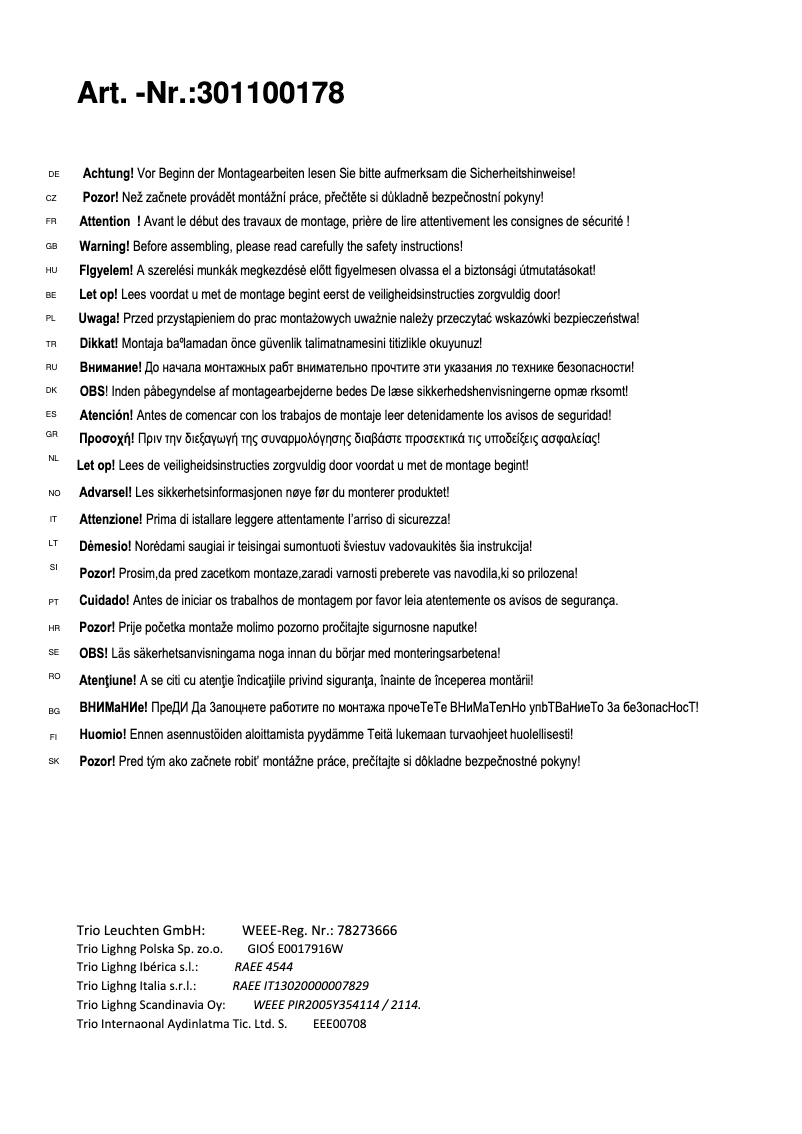 Page n°1 - Manuel utilisateur Trio Lighting Roddik 301100178