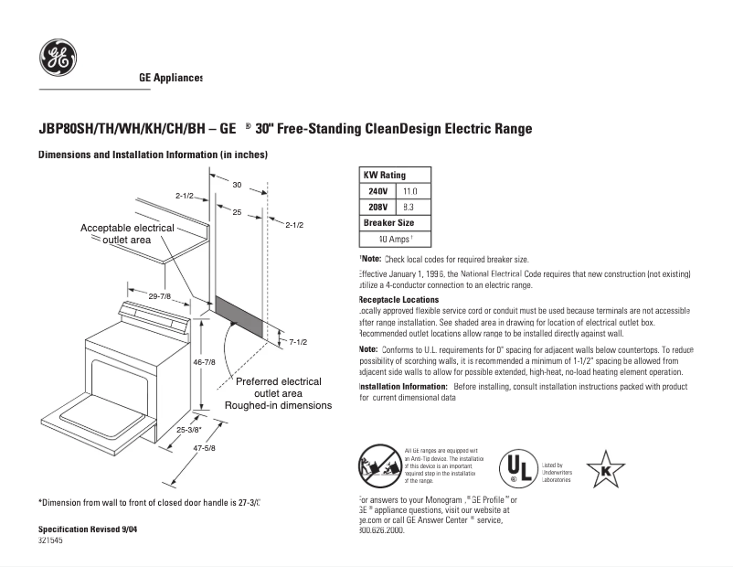 Page n°1 - Fiche technique GE JBP80SHSS