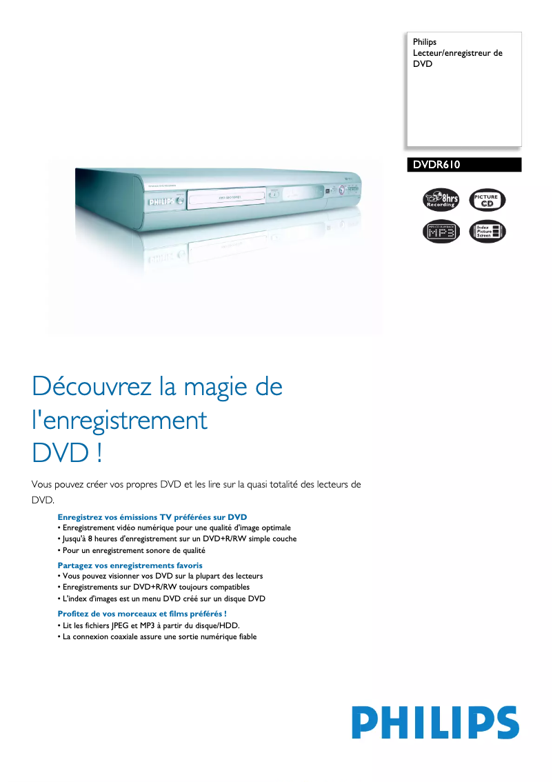Page n°1 - Fiche technique Philips DVDR610