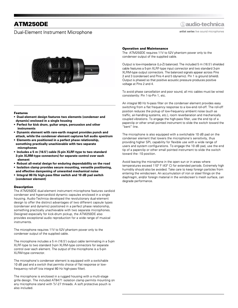 Page 1 de la notice Fiche technique Audio-Technica ATM250DE