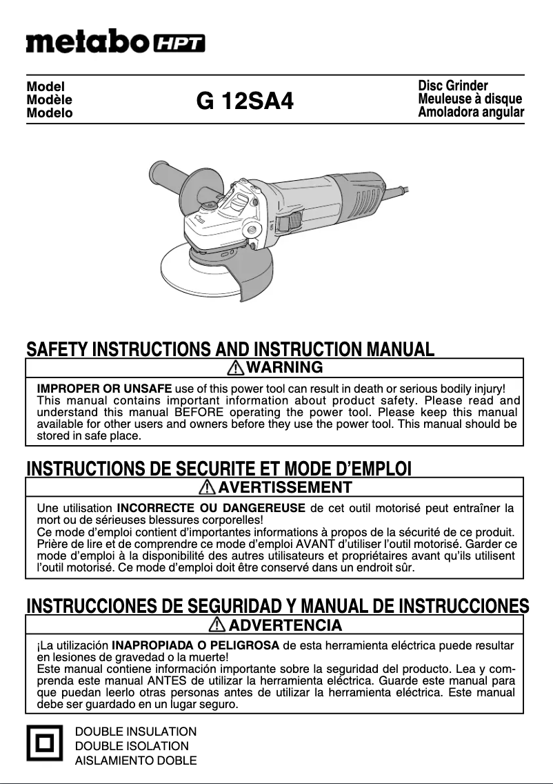 Page 1 de la notice Manuel utilisateur HiKOKI G12SA4