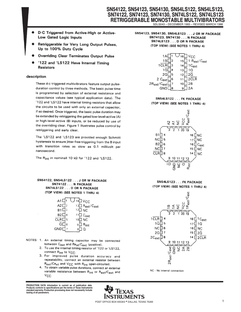 Page 1 de la notice Manuel utilisateur Texas Instruments SN74LS122N