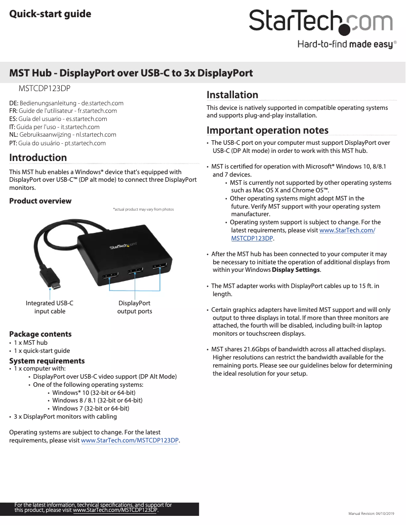 Page 1 de la notice Manuel utilisateur StarTech.com MSTCDP123DP