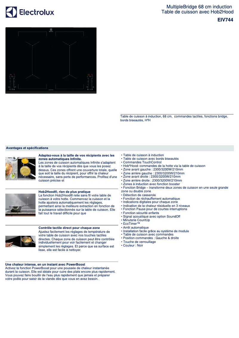 Page 1 de la notice Fiche technique Electrolux EIV744