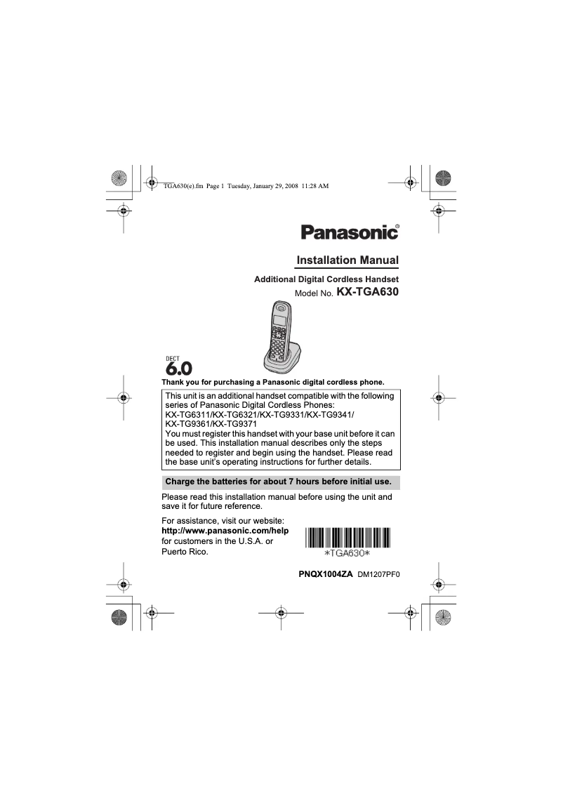 Imagen de la primera página del manual del dispositivo KX-TGA630