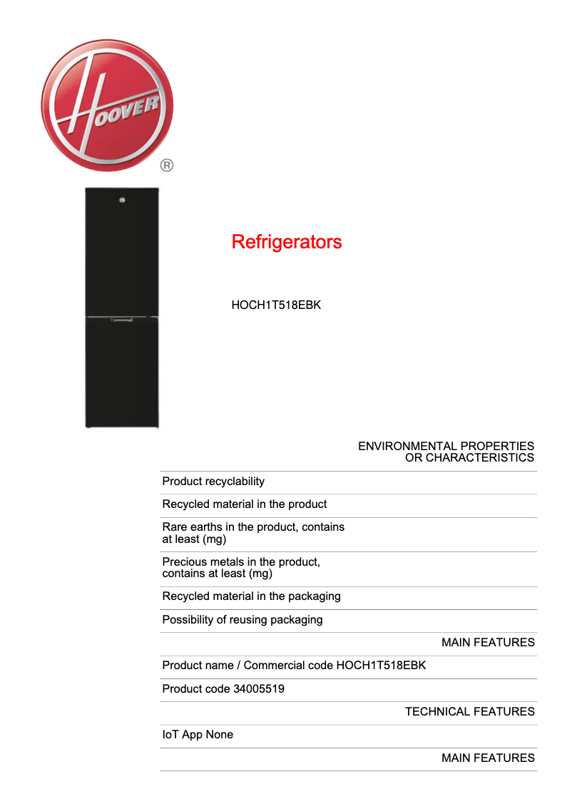 Page n°1 - Fiche technique Hoover HOCH1T518EBK