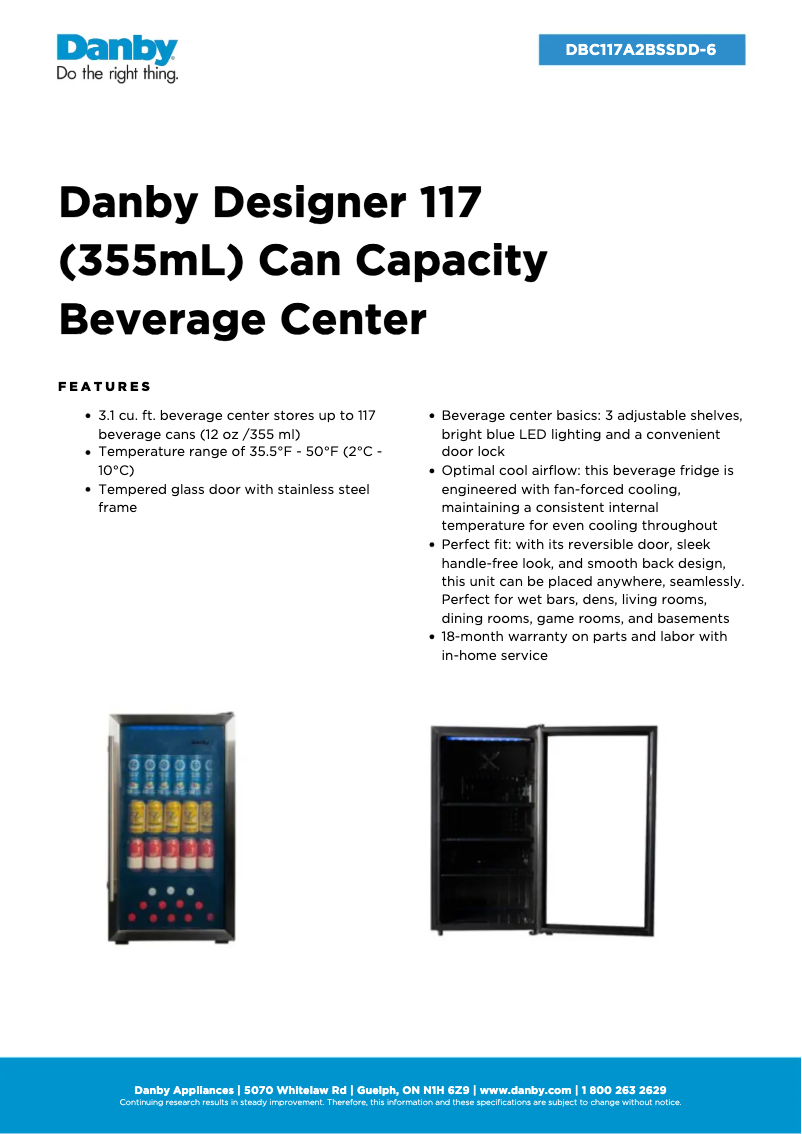 Page 1 de la notice Fiche technique Danby DBC117A2BSSDD-6