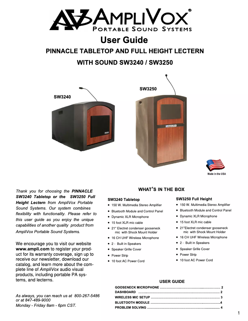 Page n°1 - Manuel utilisateur AmpliVox Pinnacle SW3250