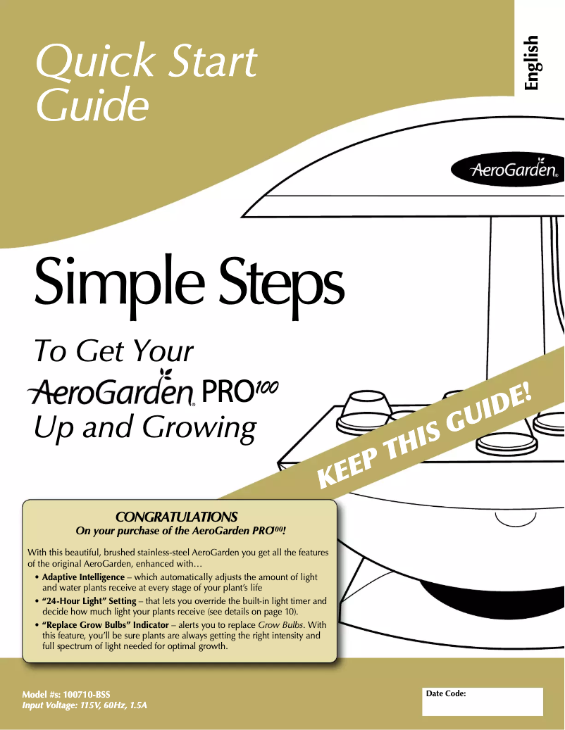 Page n°1 - Manuel utilisateur AeroGarden Pro100