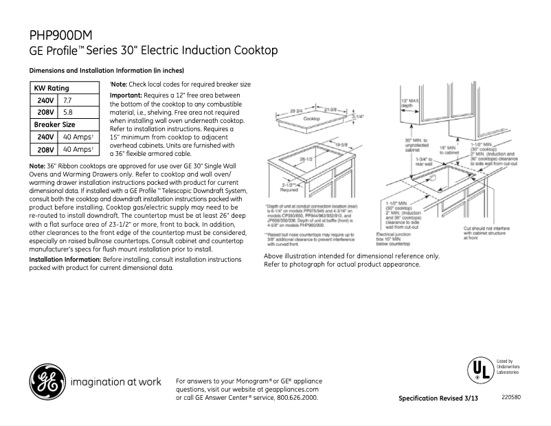 Page 1 of the manual Technical Sheet GE Profile PHP900DMBB