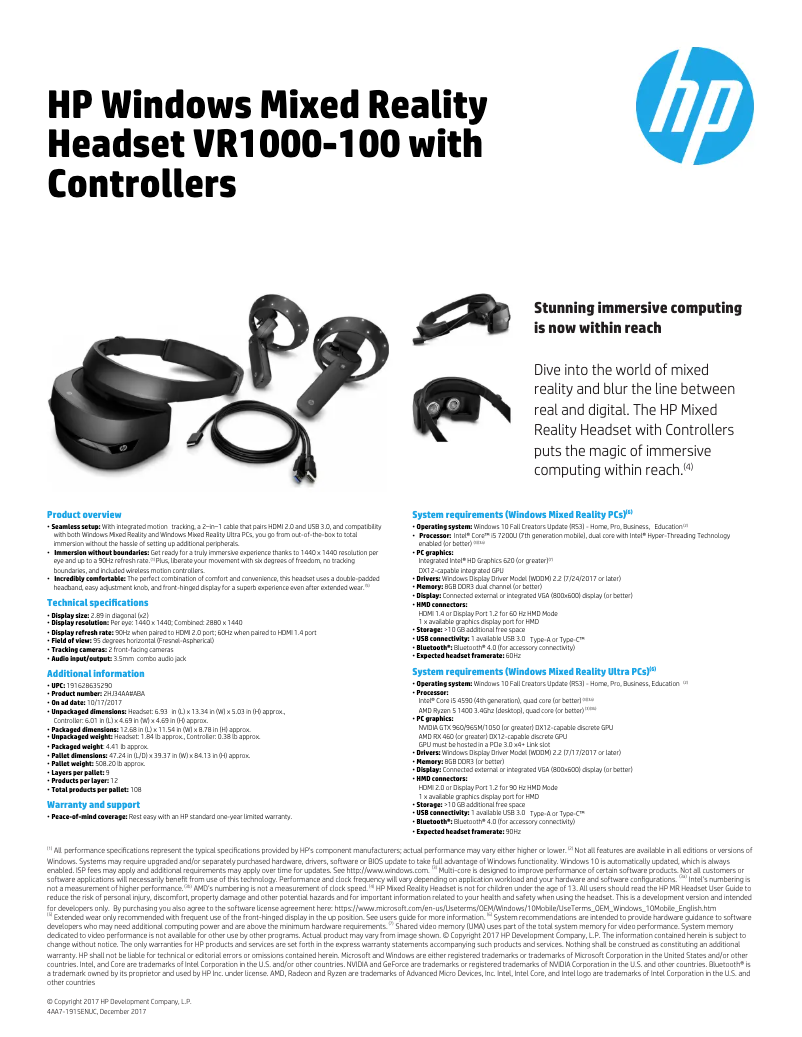Page 1 de la notice Manuel utilisateur HP Mixed Reality Headset VR1000-100