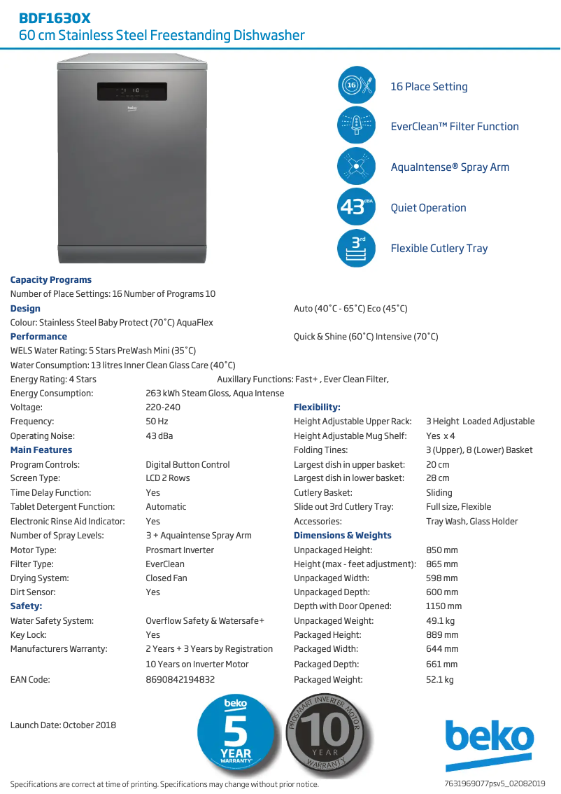 Page n°1 - Fiche technique Beko BDF1630X