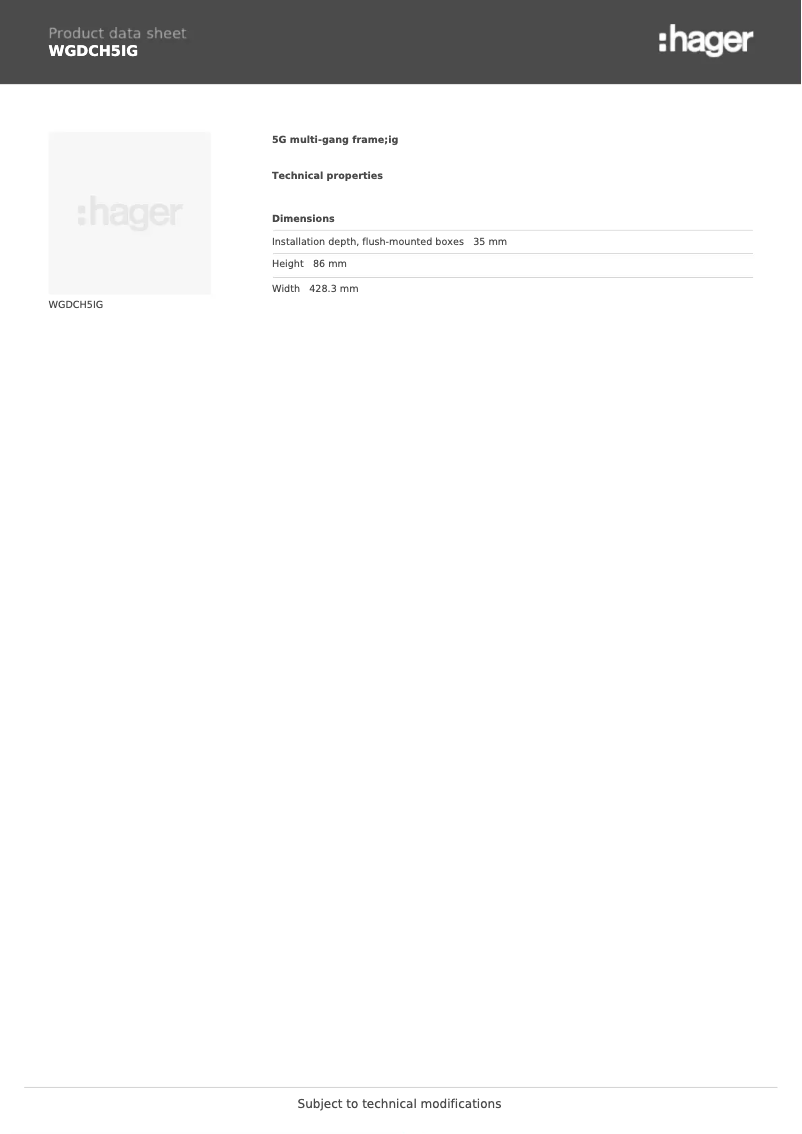 Page 1 of the manual Technical Sheet Hager WGDCH5