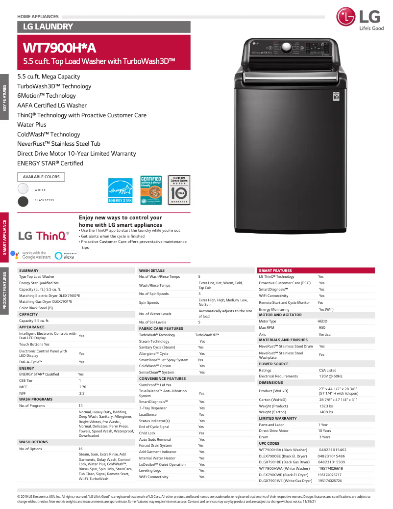 Page 1 de la notice Fiche technique LG WT7900HBA