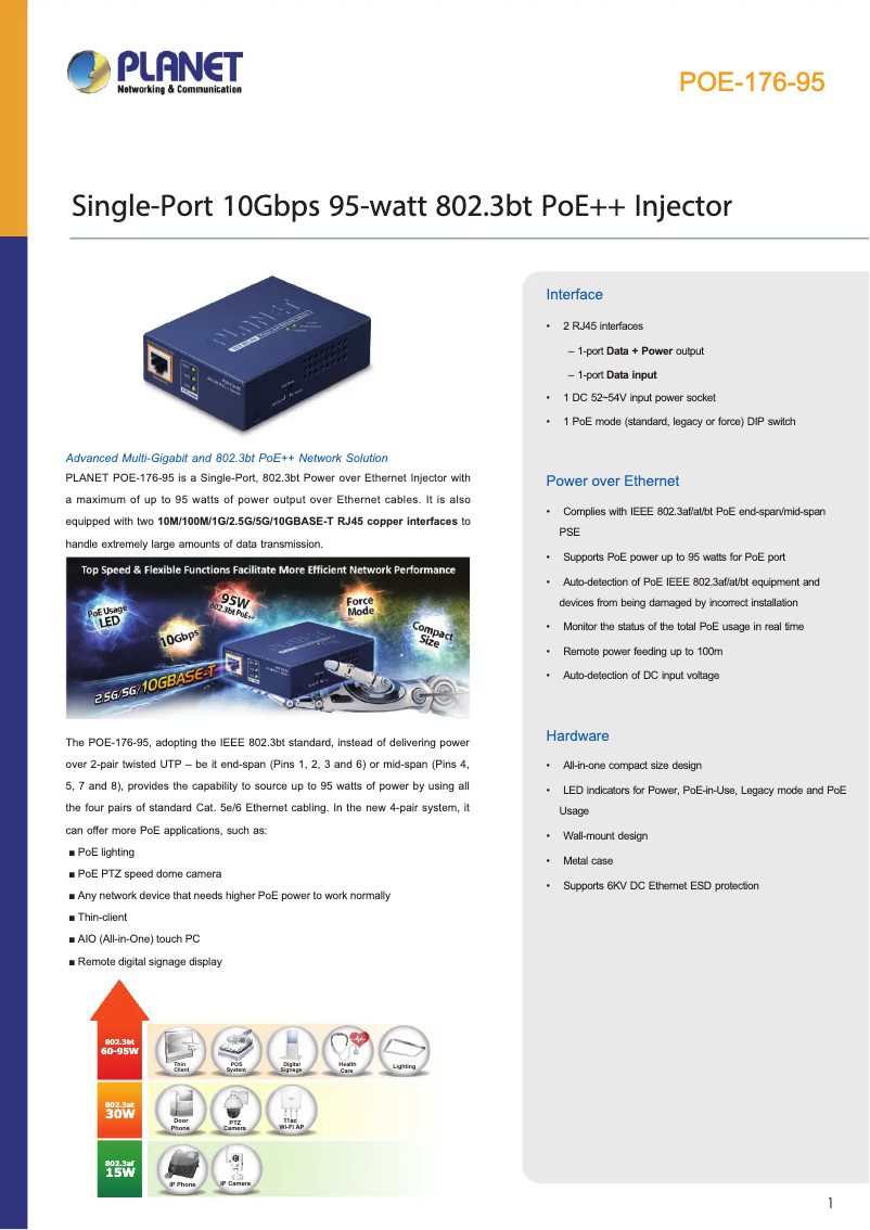 Page 1 de la notice Fiche technique Planet POE-176-95