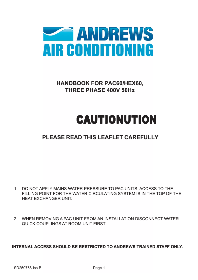 Page 1 de la notice Manuel utilisateur Andrews PAC60