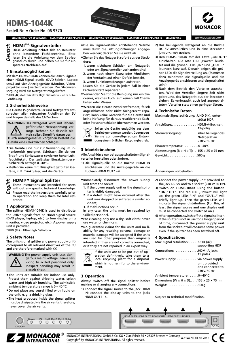 Page 1 de la notice Manuel utilisateur Monacor HDMS-1044K
