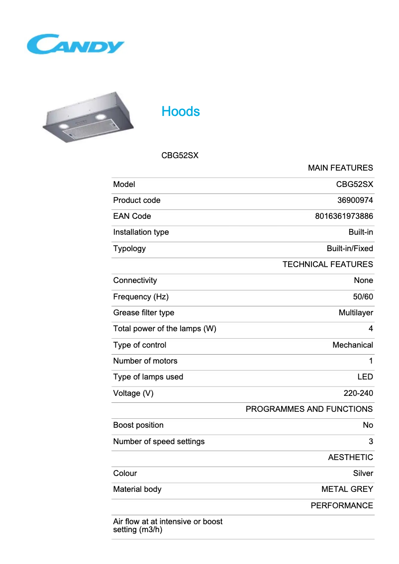 Page 1 de la notice Fiche technique Candy CBG52SX