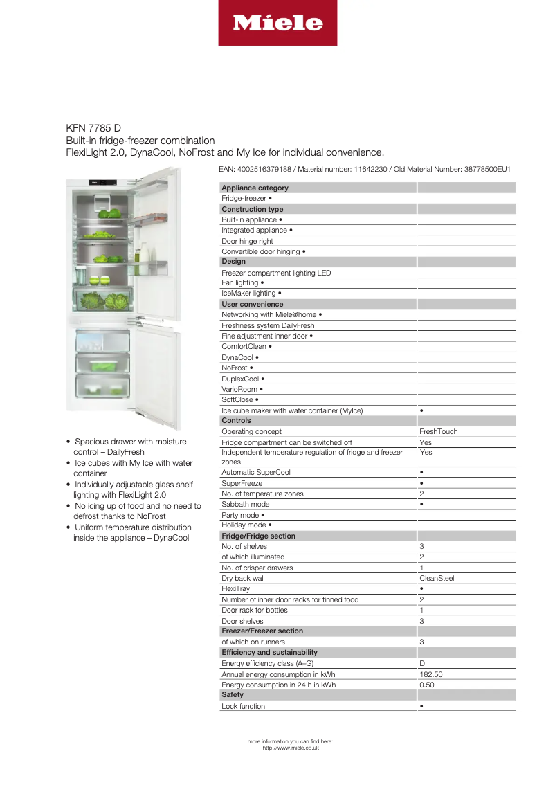 Page 1 de la notice Fiche technique Miele KFN 7785 D