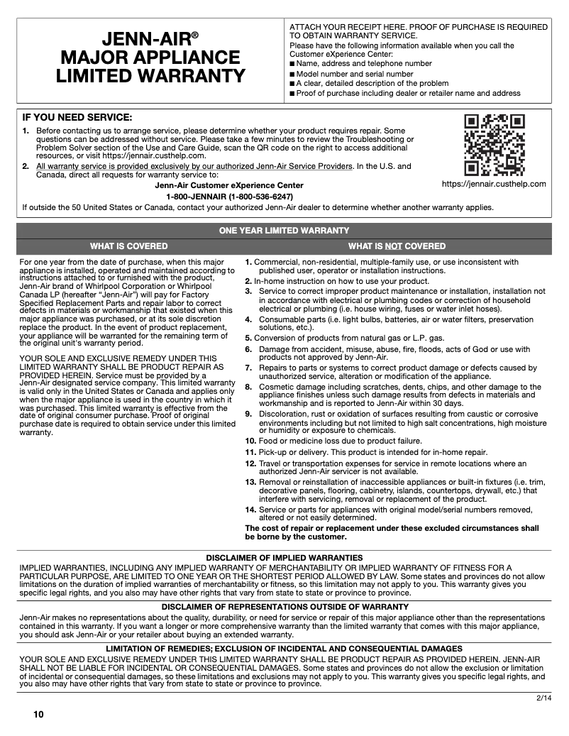 Page 1 de la notice Informations de garantie JennAir JWD3030ES