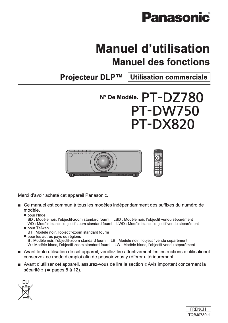 Page n°1 - Manuel utilisateur Panasonic PT-DZ780