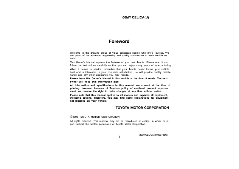 Page 1 of the manual User Manual Toyota Celica (2000)
