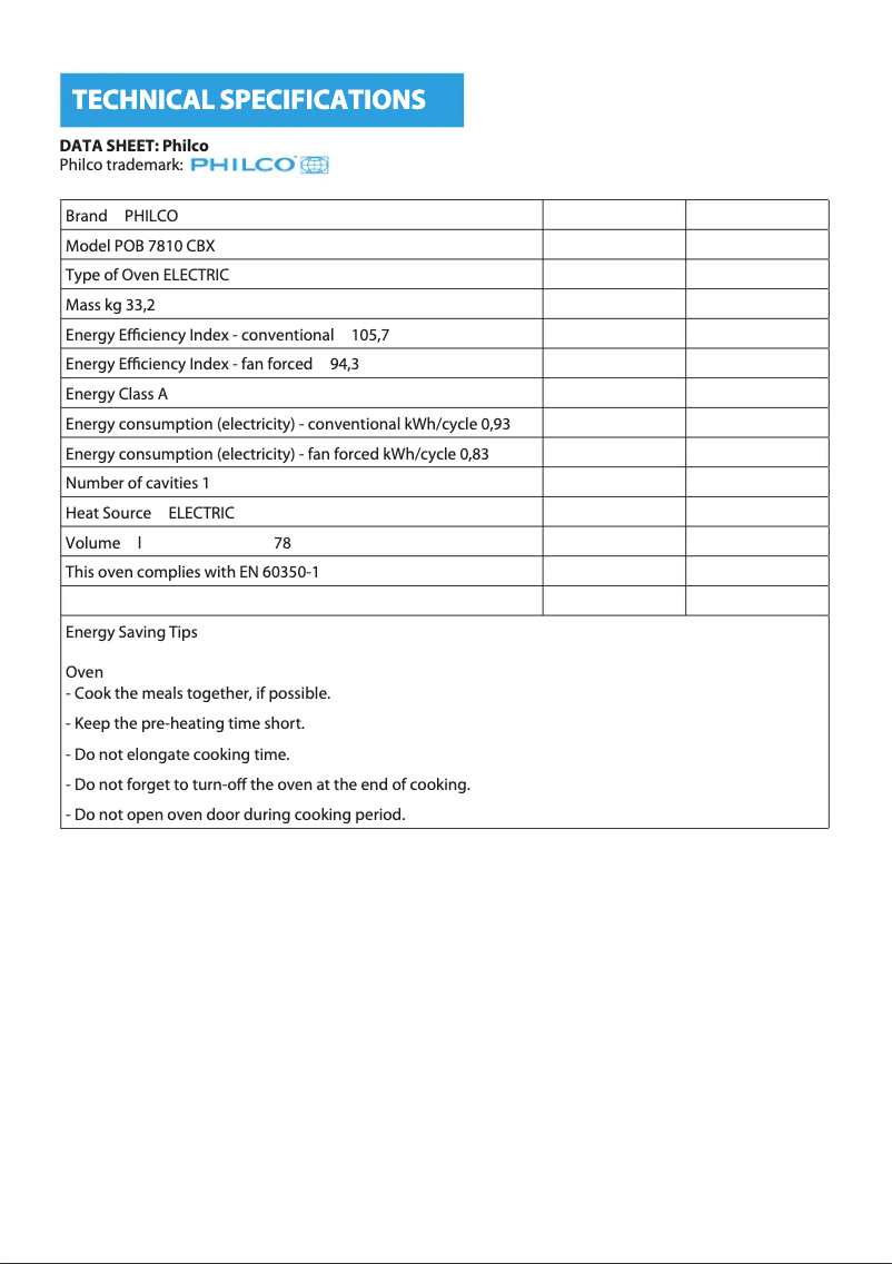 Página 1 del manual Ficha técnica Philco POB 7810 CBX