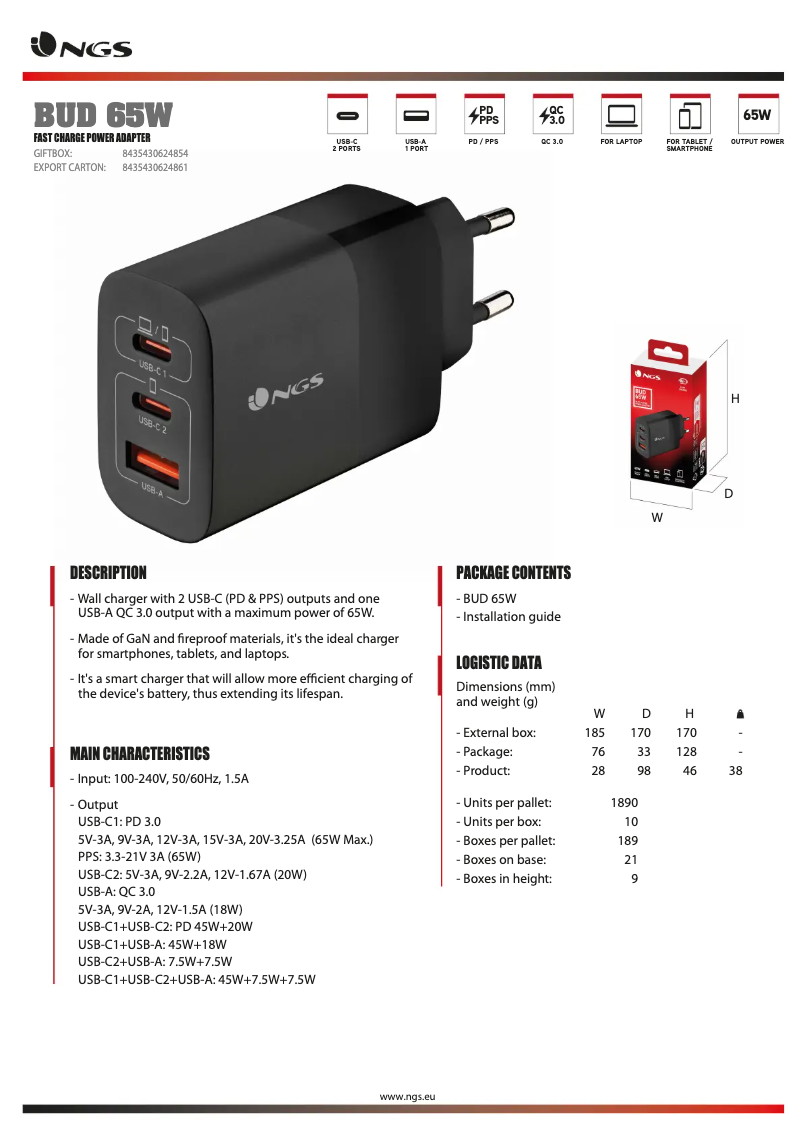 Page 1 de la notice Fiche technique NGS BUD 65W