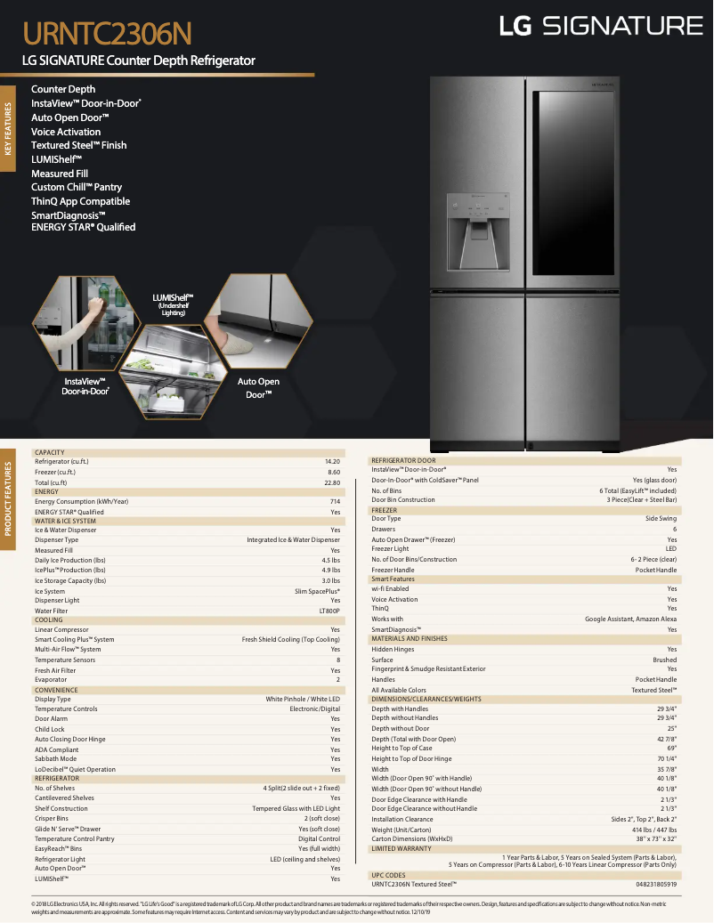 Page 1 de la notice Fiche technique LG Signature URNTC2306N