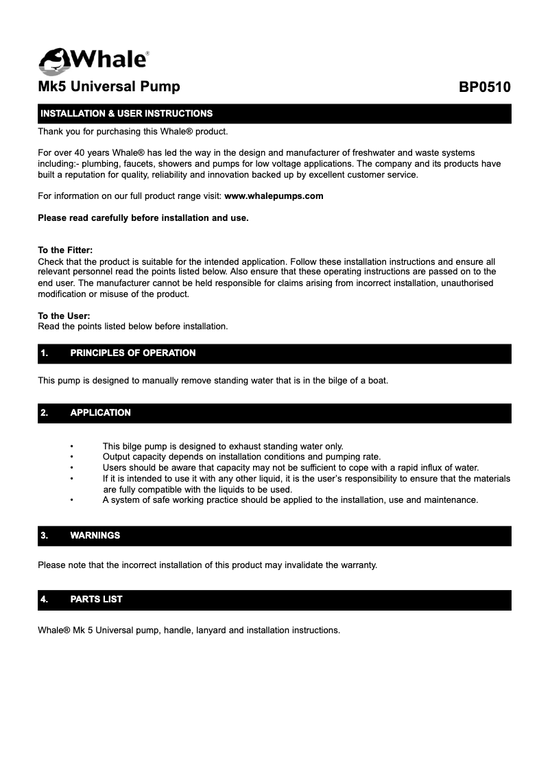 Page 1 de la notice Manuel utilisateur Whale Mk5 Universal