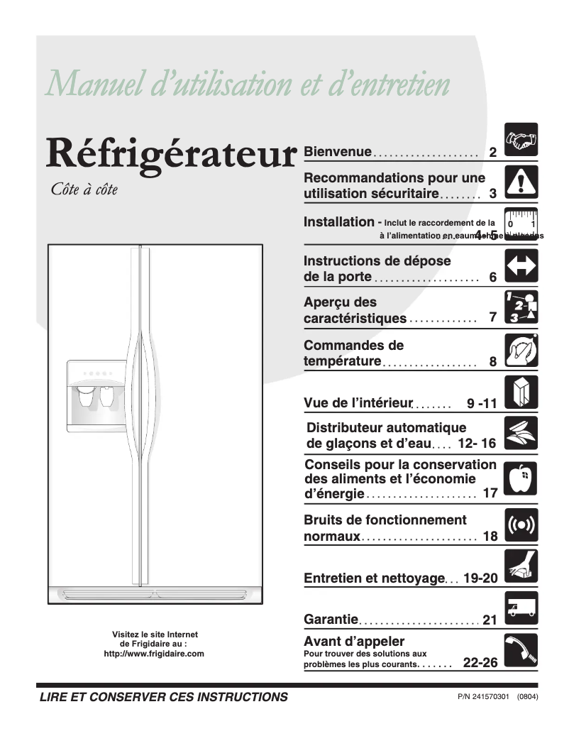 Page n°1 - Manuel utilisateur Frigidaire GLRS263ZDQ