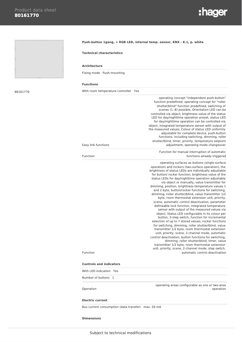 Page n°1 - Fiche technique Berker 80161770