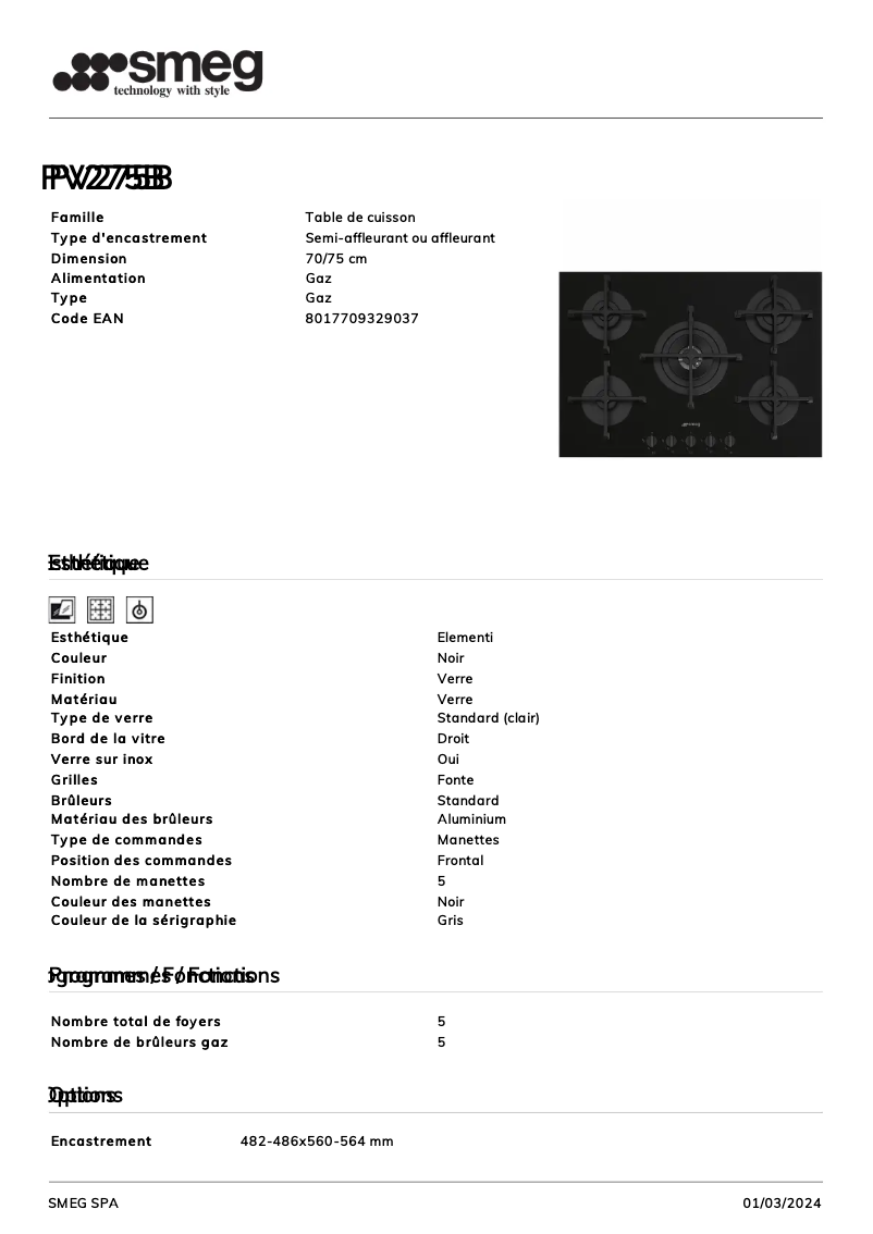 Page 1 de la notice Fiche technique Smeg PV275B
