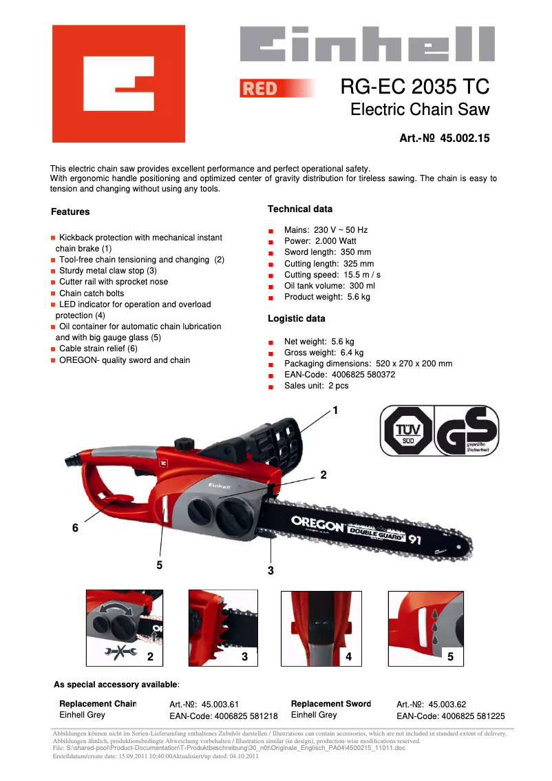 Page 1 de la notice Fiche technique Einhell RG-EC 2035 TC